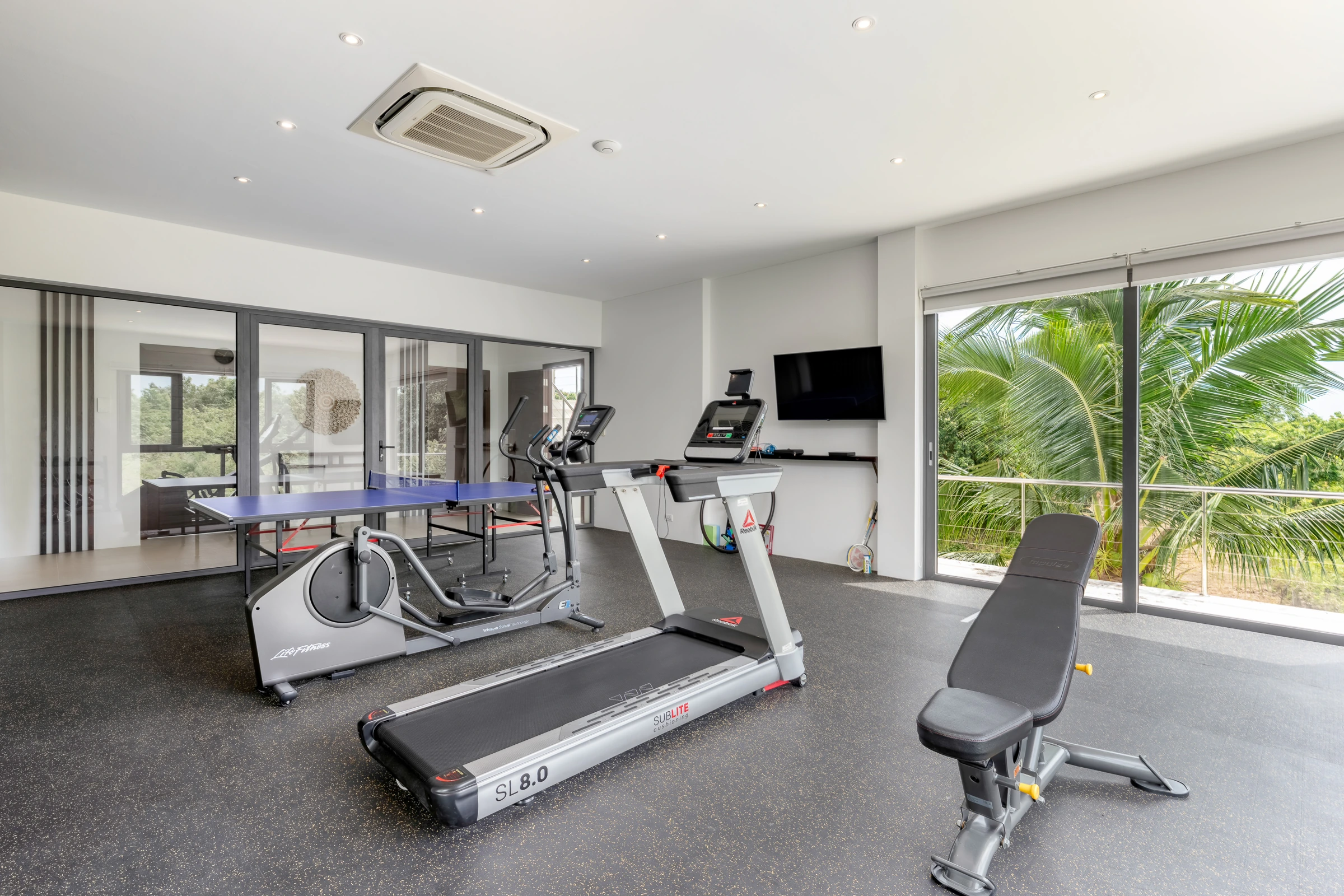 Private gym with exercise equipment and windows overlooking greenery