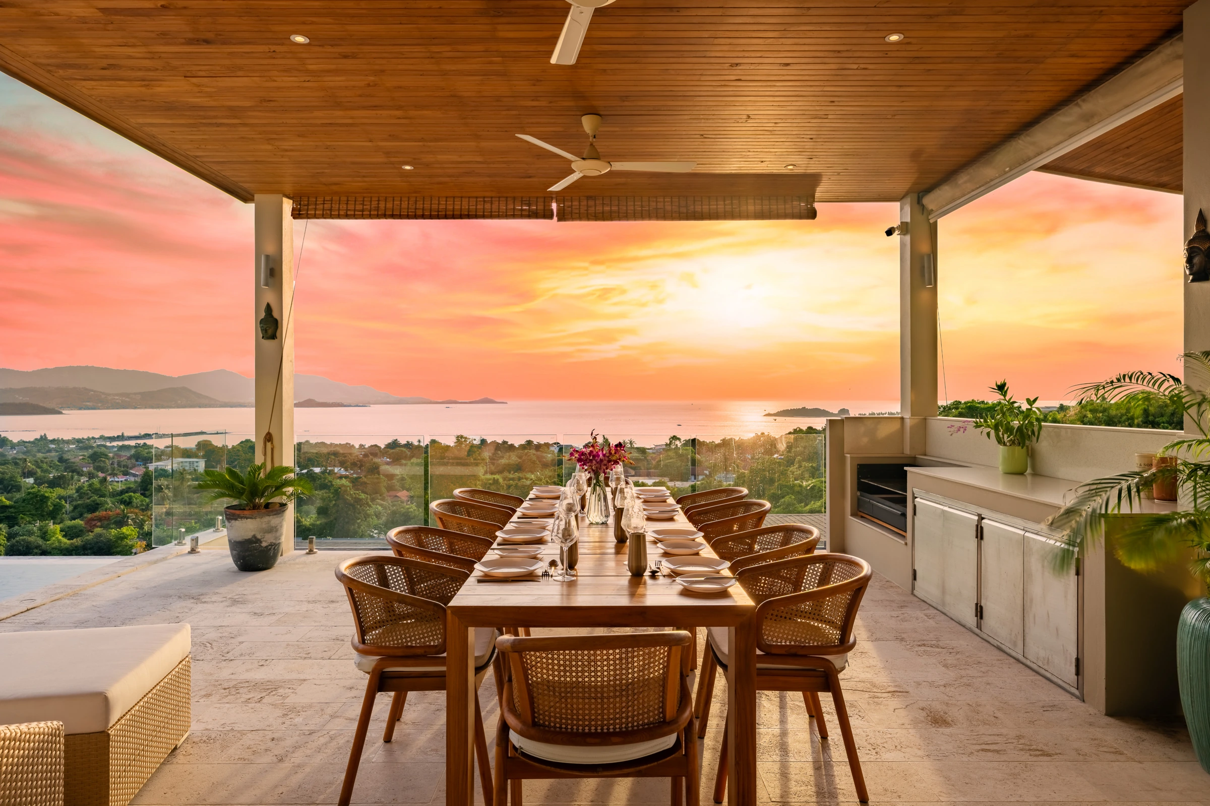 Dusk settles over Villa Parichart’s terrace
